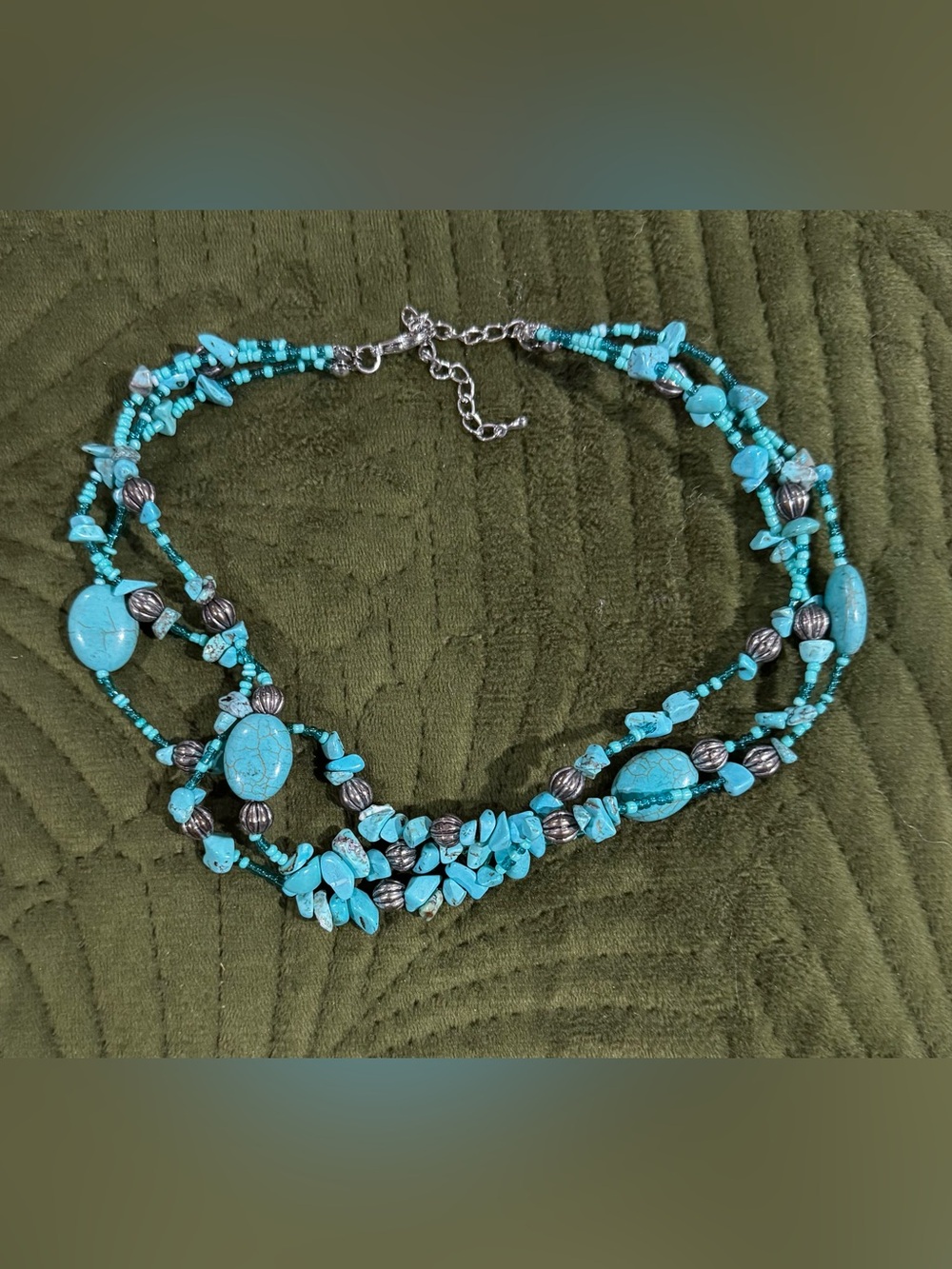 Faux Turquoise and Silver Multi-Strand Beaded Statement Necklace